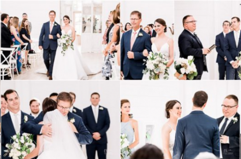 A collage of a bride and her groom hugging and walking down the aisle