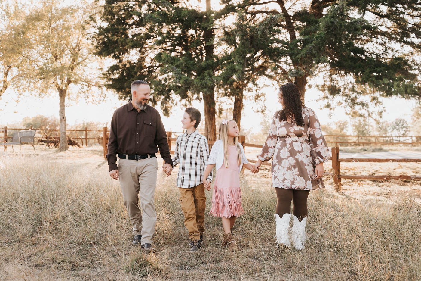 What To Wear For Family Photos: Outfit Ideas &Amp; Tips 4 Family Walking Together During A Sunset Family Photography Session In Dallas