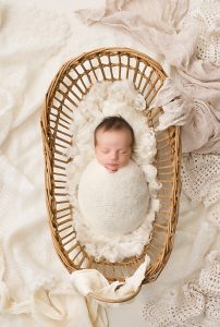 Newborn Posed In Wicker Basket Ivory Theme