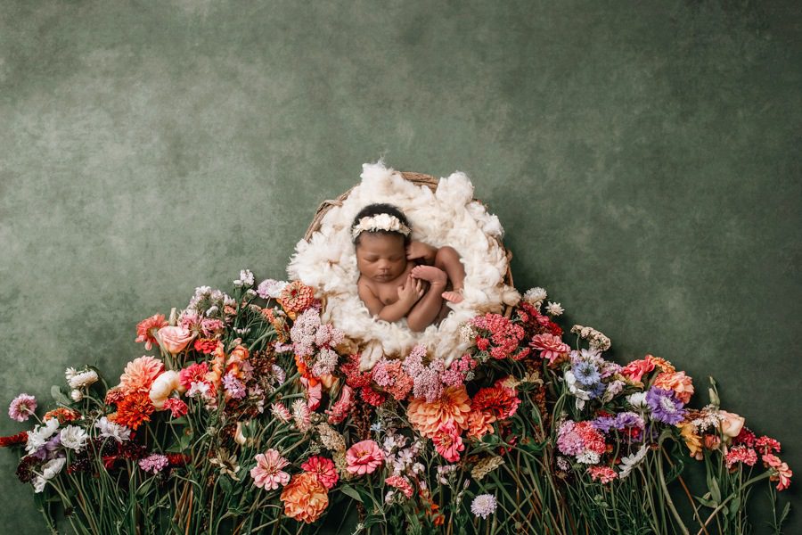 newborn baby posed in a floral photography setup