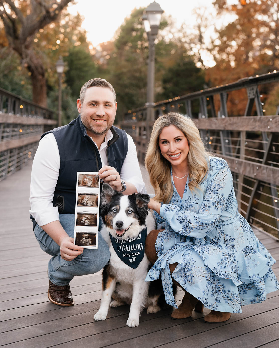 Couple And Dog Photographed On A Bridge During An Outdoor Family Photography Session In Dfw