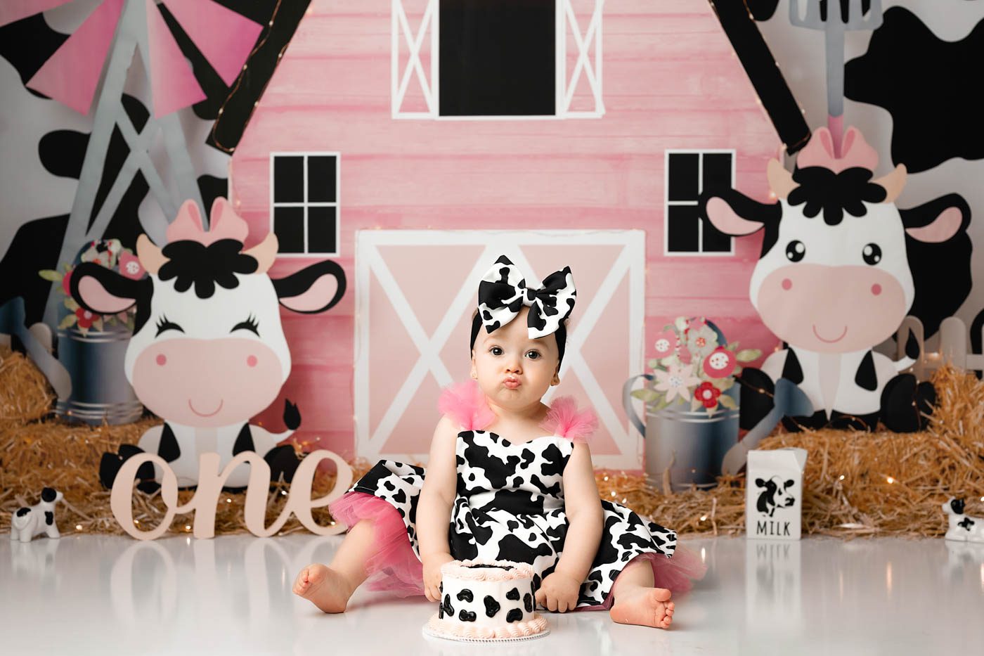 Farm-Themed Cake Smash Photography Setup With Barn And Cow Decorations