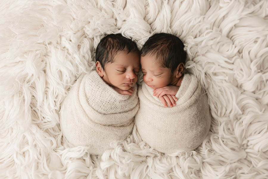 Twin Babies Posed Naturally Together During A Soft-Toned Studio Baby Session.