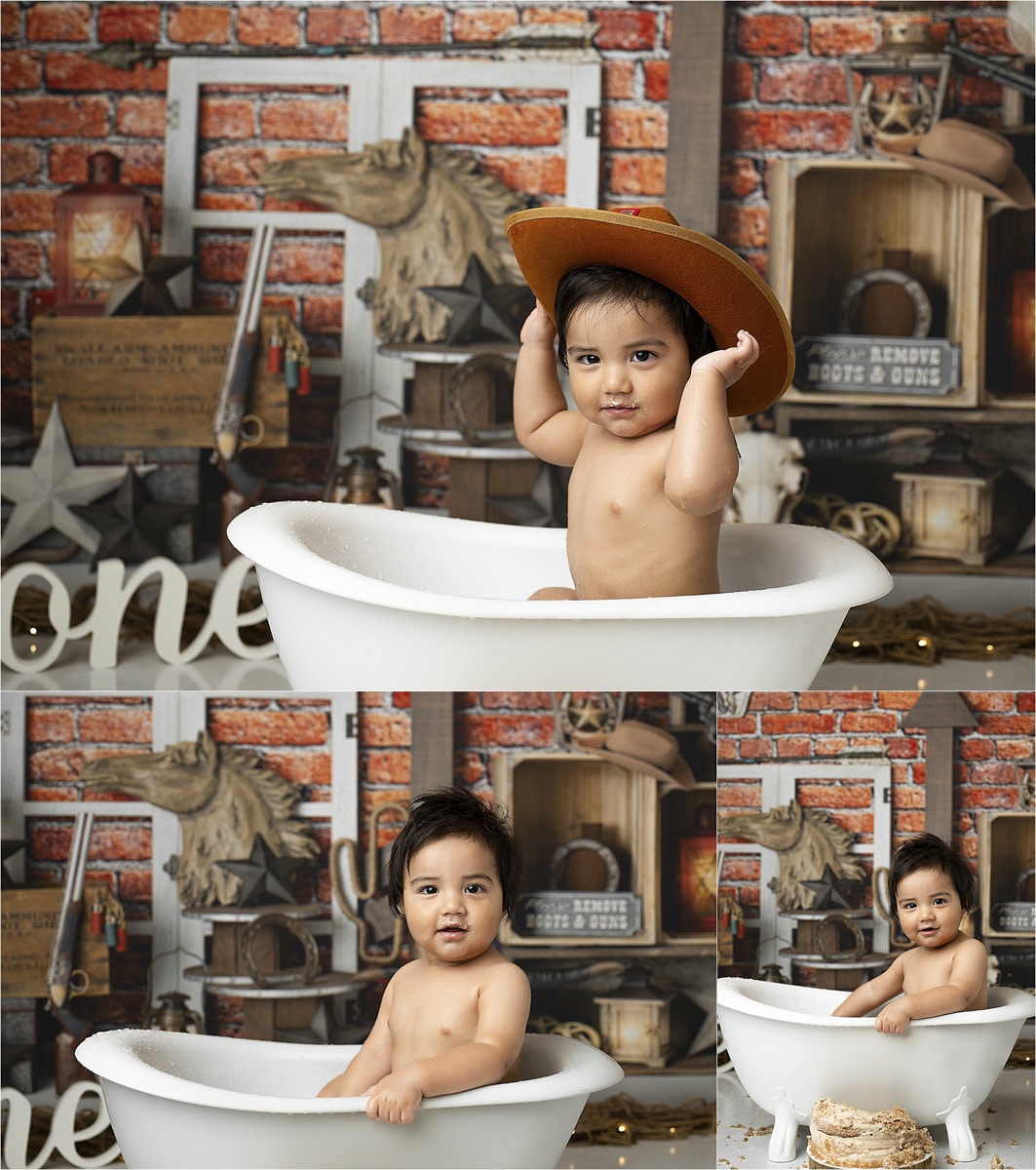 Baby Splashing Water In A Bathtub During A Cake Smash Photography Session 