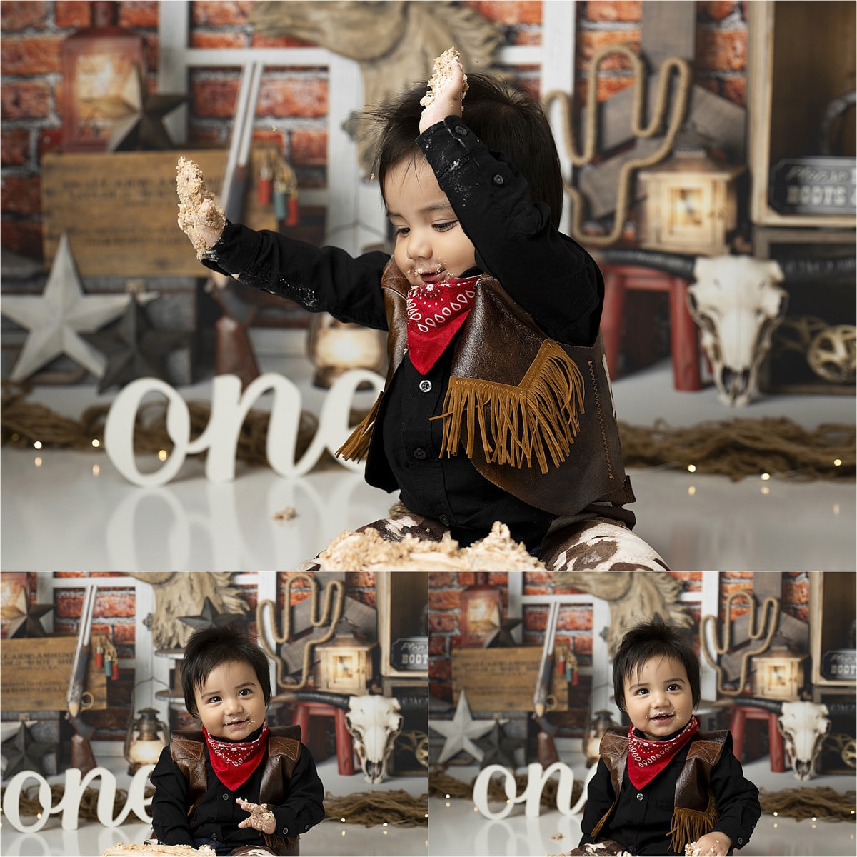 Collage Of Baby Photos In A Cowboy Outfit Celebrating During A Ranch Themed Cake Smash Photoshoot