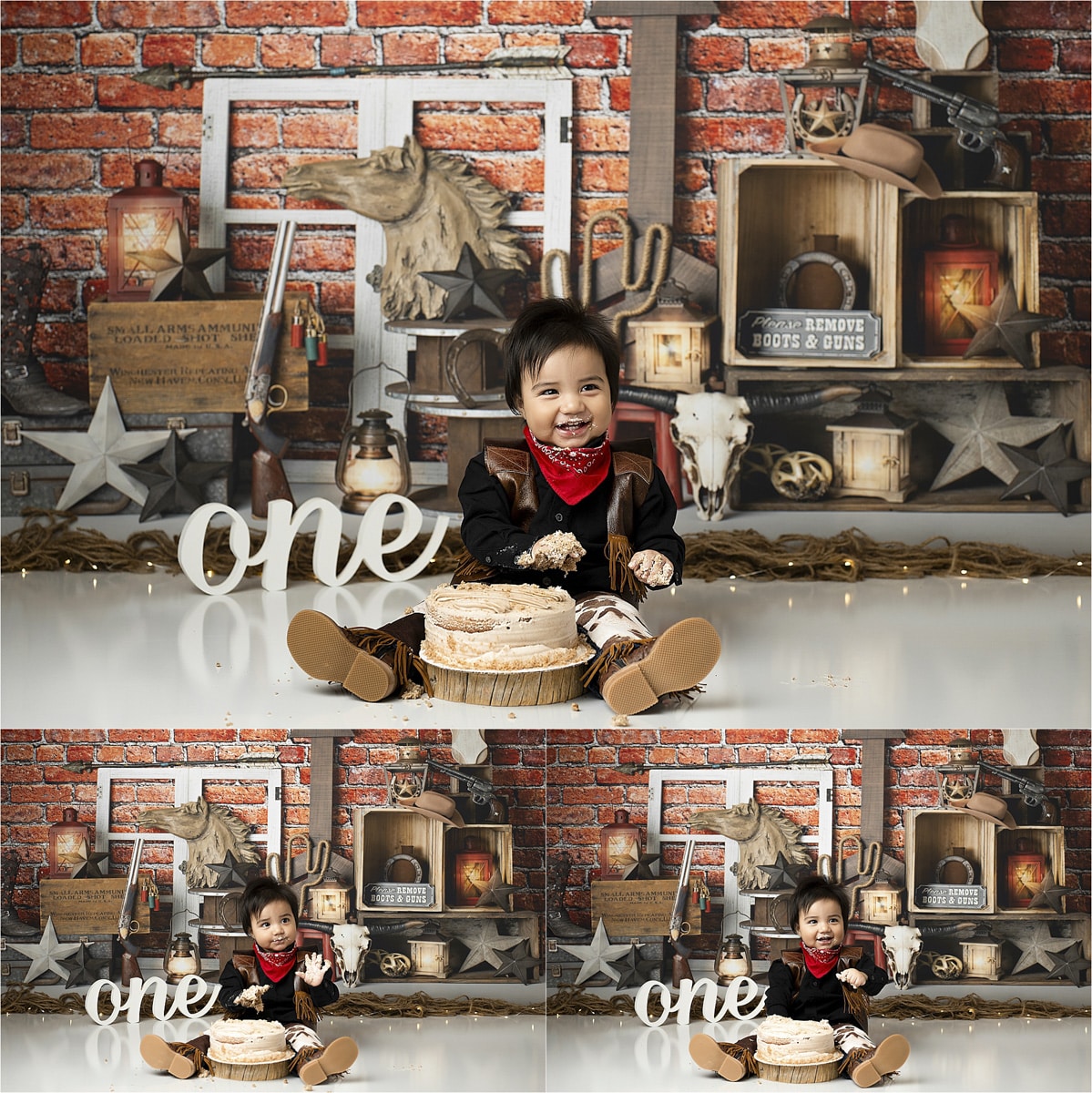 Baby Laughing While Eating Cake In A Ranch Themed Cake Smash Photography Session