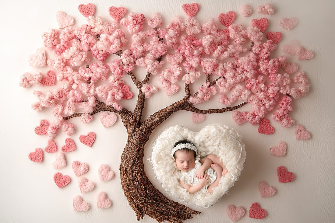 newborn baby sleeps on white blanket surrounded by pink tiny hearts for dallas newborn photographer