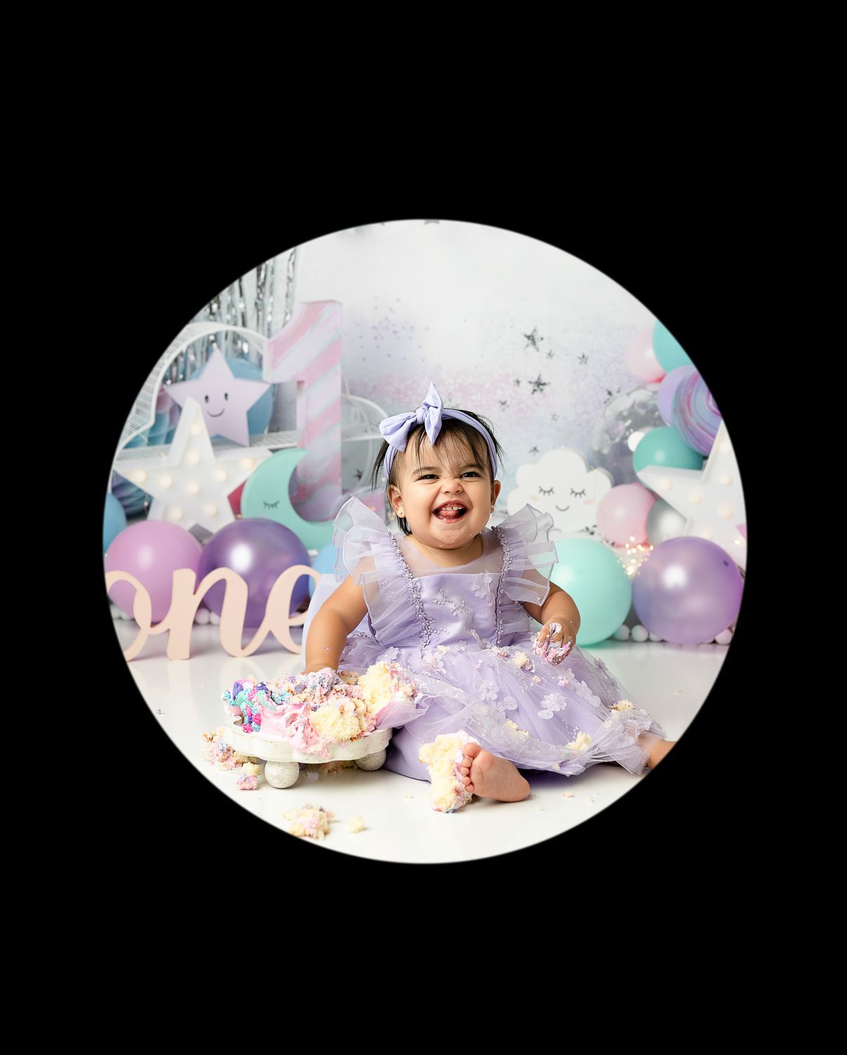 First birthday cake smash portrait photographed in a Dallas studio with pastel decor