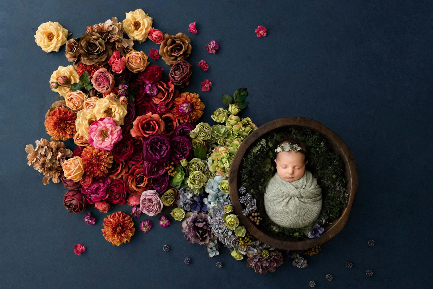 Newborn Baby Photo In Floral Basket Surrounded By Colorful Flowers