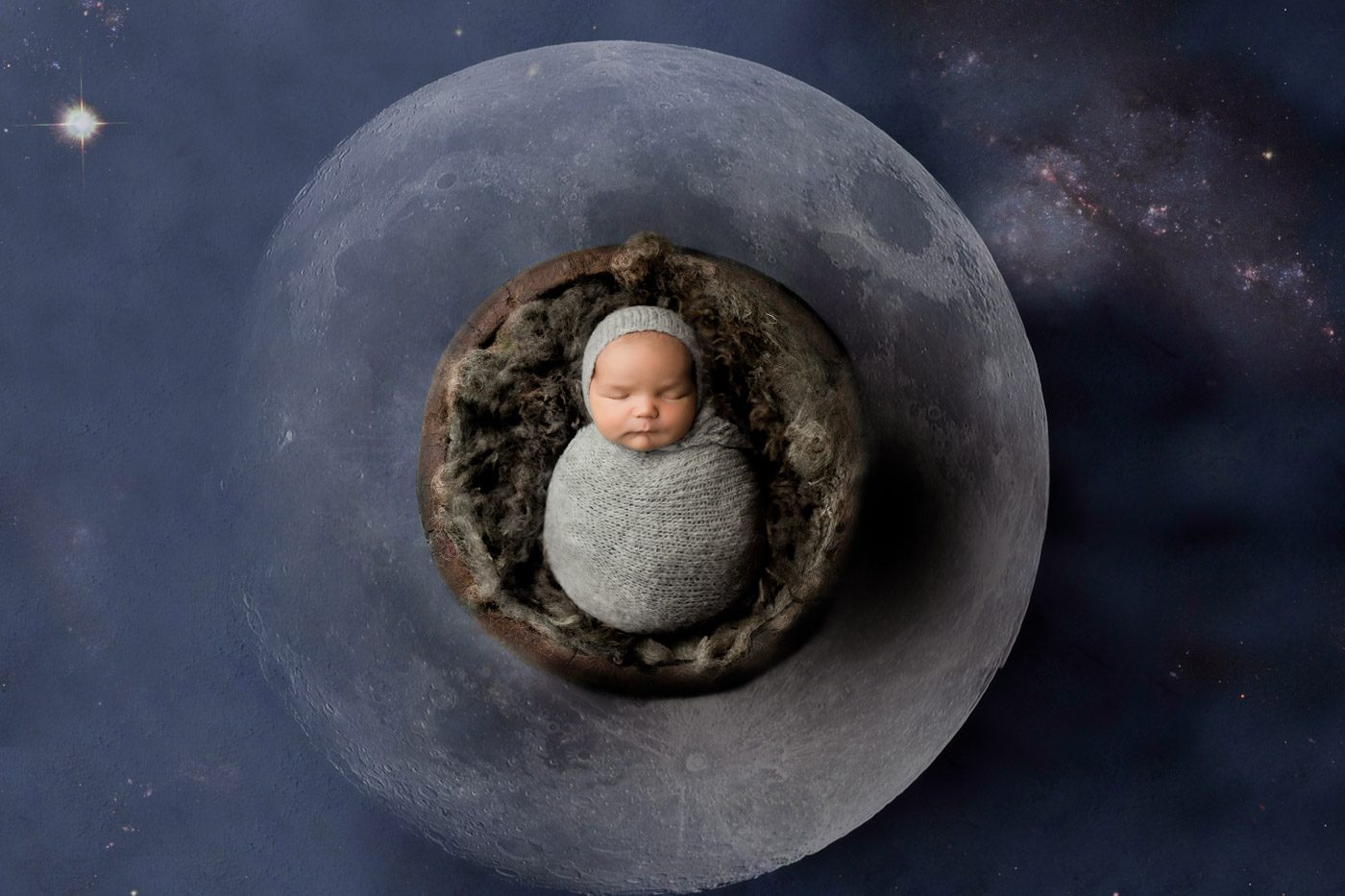 Creative Newborn Photo Styled As Baby On Moon Composite Background