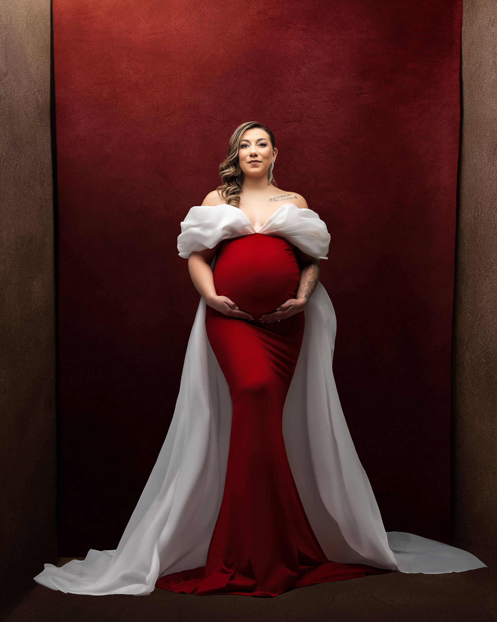 Dallas maternity photography studio portrait in red gown by Lily Hayes Photography