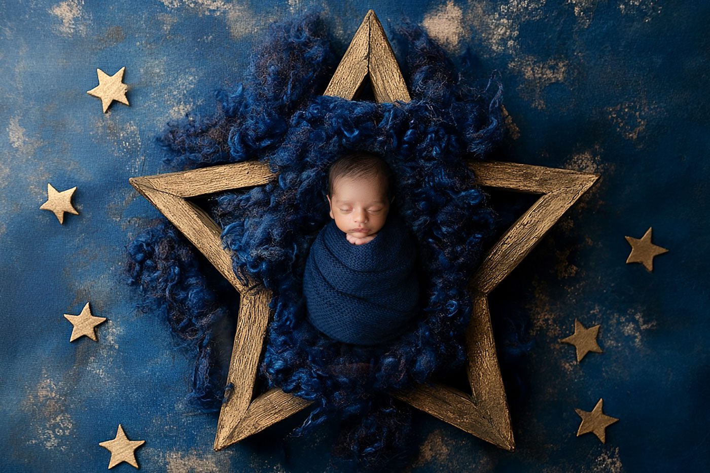 Sleeping newborn wrapped in blue fabric inside a wooden star during a newborn photography session in Dallas, Texas