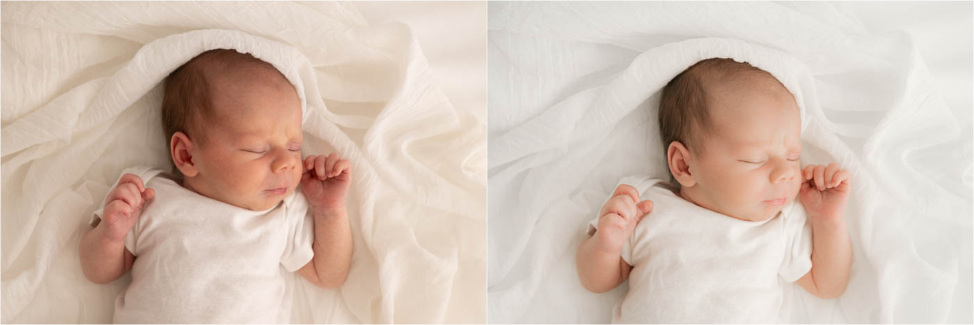The Art Behind The Final Image: What Professional Photo Editing Really Looks Like 2 Before And After Newborn Photography Editing Comparison Featuring A Sleeping Baby During A Lifestyle Newborn Session In Dallas Texas