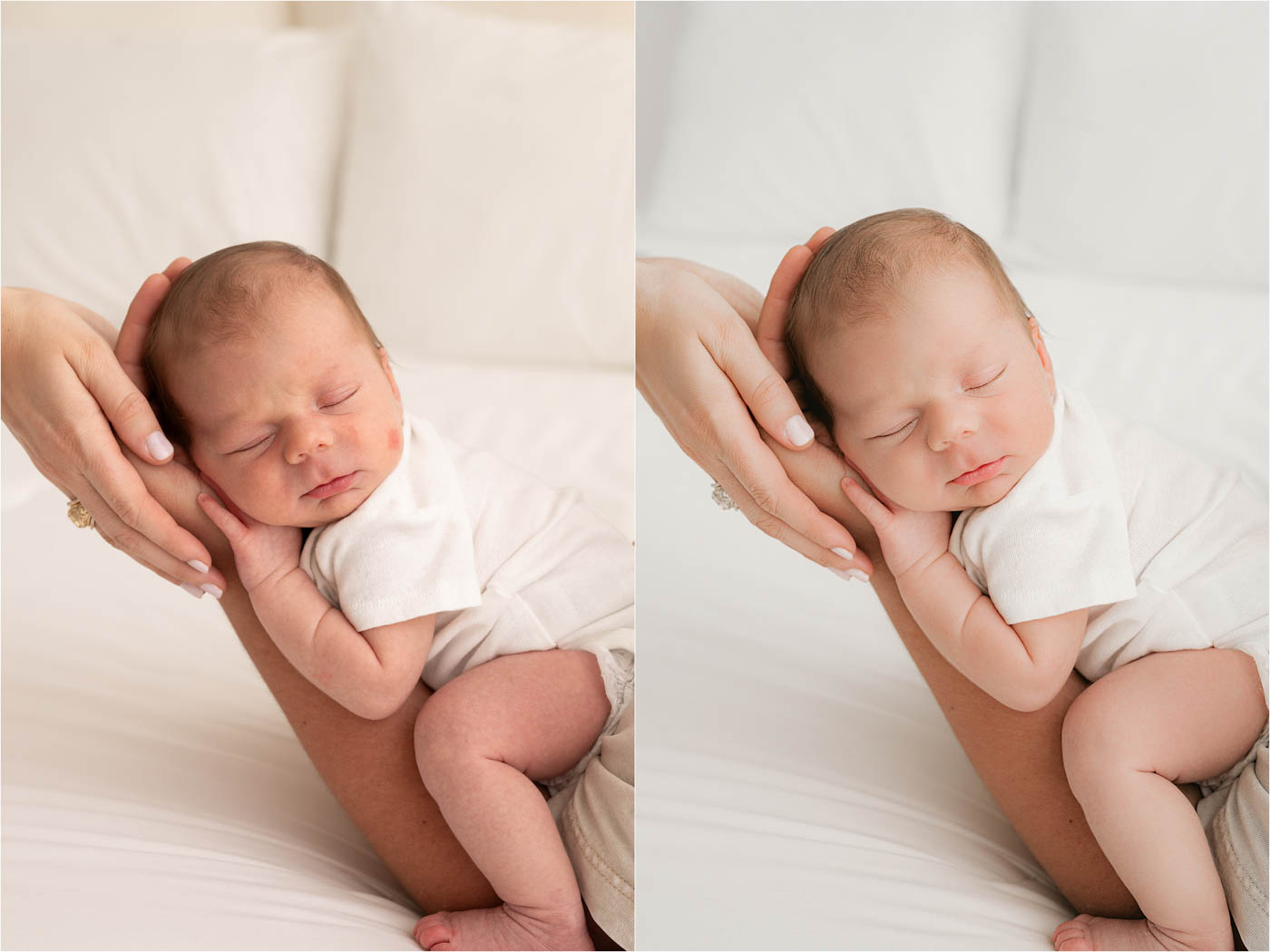The Art Behind The Final Image: What Professional Photo Editing Really Looks Like 3 Newborn Portrait Retouching Comparison Showing Professional Editing Of A Baby Held By A Parent In Dallas Texas