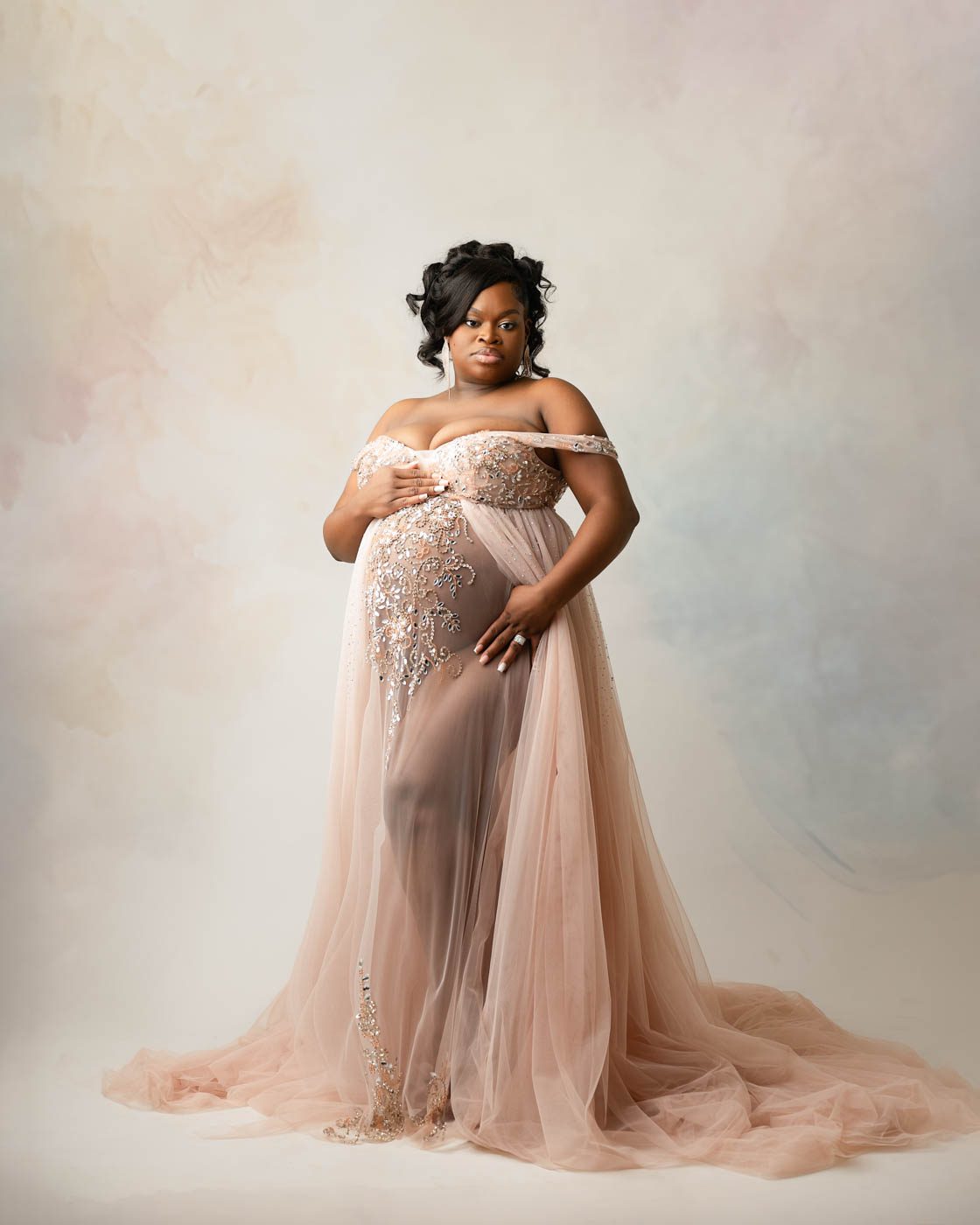 Celebrating Motherhood Through Maternity Portraits 5 Expecting Mother Wearing A Couture Gown During A Pregnancy Photography Session In Dallas.