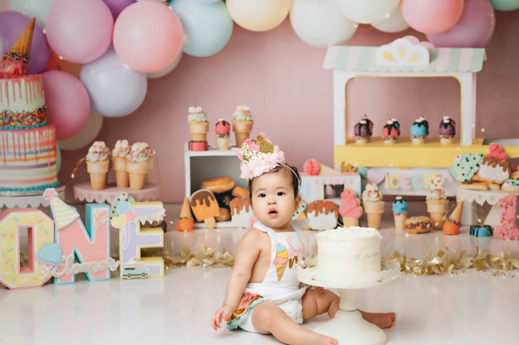 Custom Cake Smash Theme Featuring An Ice Cream Birthday Setup For A Baby'S First Birthday Session In Dallas