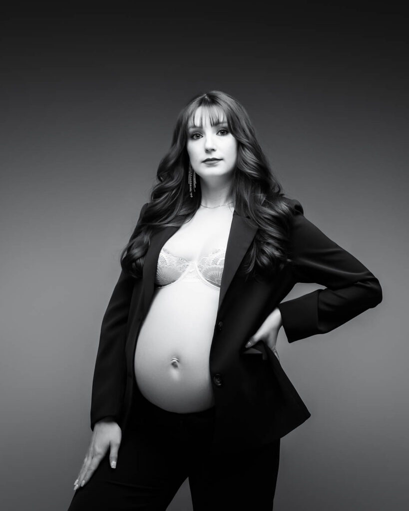 Studio Maternity Photographer Dallas Portrait Of An Expectant Mother Standing In An Open Black Blazer