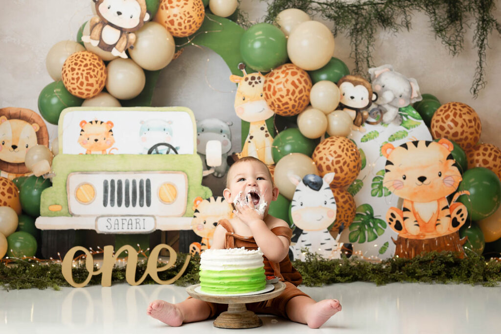 Baby Photographed In A Safari-Themed Dallas Cake Smash Photography Setup