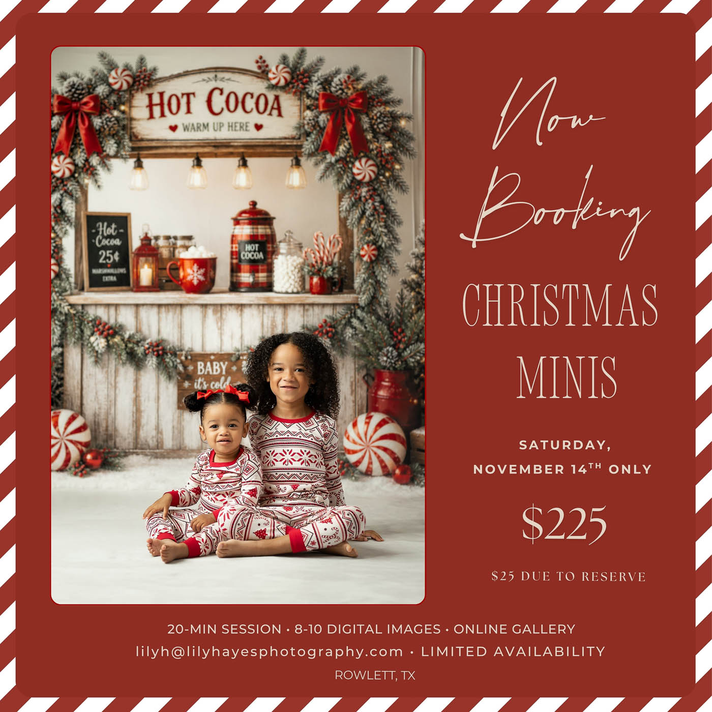 Dallas Christmas mini sessions in Rowlett TX with a hot cocoa Christmas backdrop for children and families at Lily Hayes Photography.