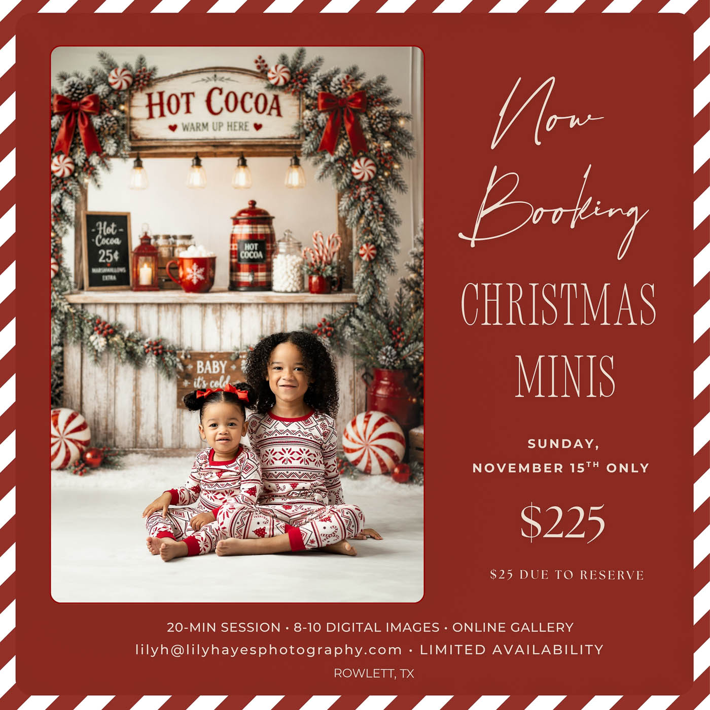 Dallas Christmas mini sessions in Rowlett TX with a hot cocoa Christmas backdrop for children and families at Lily Hayes Photography.